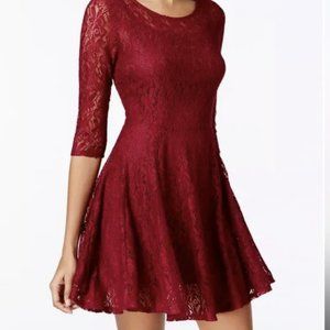 Lace maroon fit flare dress cropped sleeve burgundy